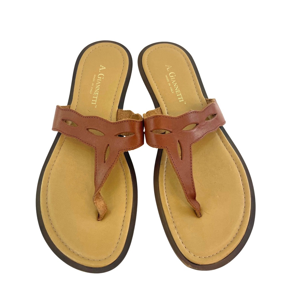 A. Giannetti Thong Sandals Womens 10.5in Brown Leather Made in Italy Cutout Chic